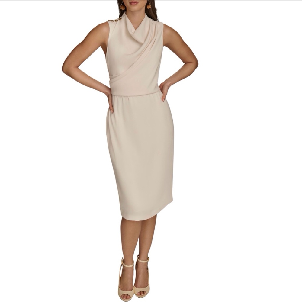 Donna Karan Sleeveless Cowl Neck Faux Wrap Dress Cream Color Size 14